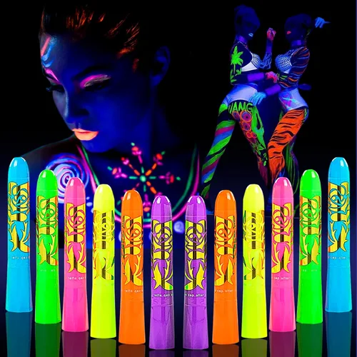 Vista 7 de 12 piezas de pintura corporal que brilla en la oscuridad, kit de maquillaje con luz negra UV para adultos, pinturas fluorescentes no tóxicas