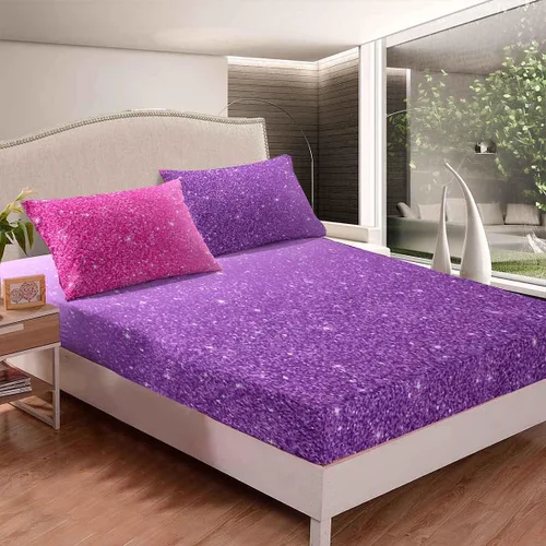 Vista 4 de jejeloiu Juego de sábanas de 4 piezas con purpurina tamaño matrimonial, color rosa, morado, pastel, suave, transpirable