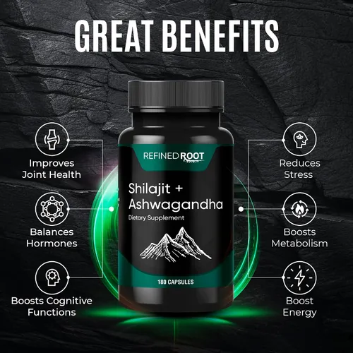 Vista 3 de Shilajit 1000 mg y Ashwagandha 500 mg (180 cápsulas) - Suplemento orgánico puro del Himalaya Shilajit (suplemento de ácido fúlvico del 20%)