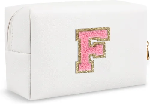 Vista 8 de Biileen Bolsa de Maquillaje Preppy Personalizada con Inicial Pequeña Bolsa de Viaje Linda con Letra de Chenilla, blanco-1, F