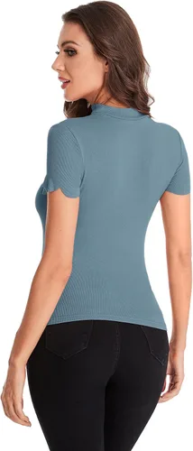 Vista 2 de Romwe - Camiseta de manga corta para mujer, cuello en V, corte festoneado