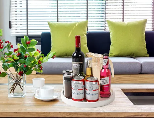 Vista 4 de Bandeja redonda de madera rosa decorativa para decoración del hogar, bandeja de servir de madera, para velas, perfumes, bandejas para mesa de café