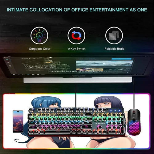 Vista 4 de Juego Mause Pad RGB Anime Girl Sexy Mouse Pad Pc Gamer Gaming Accesorios LED XXL Teclados Pad Tapete de mesa 39.37 pulgadas x 19.68 pulgadas