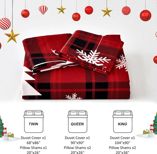 Vista 7 de Luxudecor Juego de funda de edredón de Navidad tamaño individual, 2 piezas de funda de edredón a cuadros de búfalo rojo, patrón de Santa Claus, reno