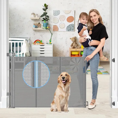 Vista 24 de Puertas retráctiles reforzadas para bebés con varillas de soporte, se extienden hasta 55" de ancho, puerta retráctil para perros para entradas