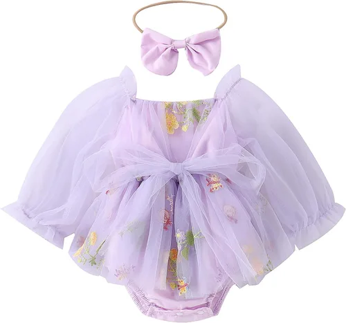 Vista 17 de IDOPIP Conjunto de 2 piezas para bebé recién nacido, con diadema, bordado de flores, tutú, princesa, fiesta de cumpleaños, conjunto de ropa