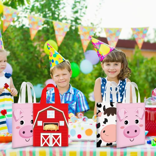 Vista 5 de Sweetude 24 bolsas de recuerdo de fiesta de animales de granja con asa – 9.84 x 7.87 pulgadas bolsas de dulces no tejidas – Bolsa de regalo
