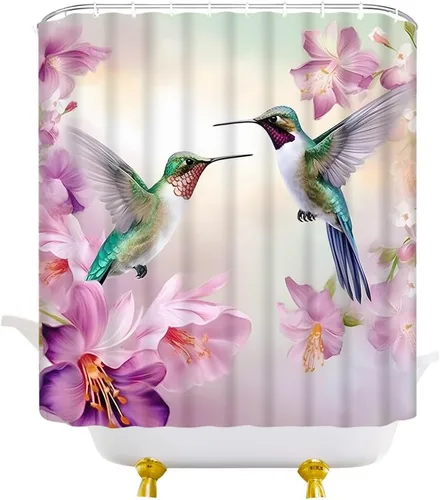 Vista 3 de Cortina de ducha floral de colibrí, acuarela, rosa, morado, jardín, naturaleza, paisaje, baño, decoración, juego de cortinas con ganchos