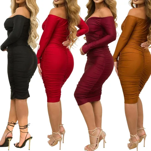 Vista 5 de Vestido midi sexy de mujer con cuello en V profundo, hombros descubiertos, fruncido, ajustado al cuerpo y manga larga para fiestas nocturnas