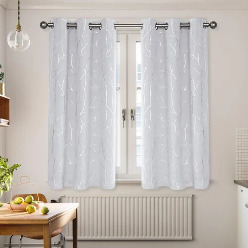 Vista 101 de BUHUA Cortinas pequeñas para ventana de 36 pulgadas de largo, 2 paneles, cortinas opacas con elegantes ramas de árbol plateadas, cortinas de bloqueo