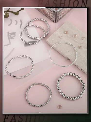 Vista 5 de Juego de 6 pulseras para mujer, apilables, elásticas, de bolas, delgadas, elásticas, con cuentas cúbicas, pulseras de tenis con moissanita redonda