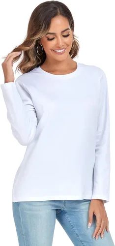 Vista 2 de LOVFEE Camiseta básica de algodón de manga larga con cuello redondo para mujer, ajuste holgado