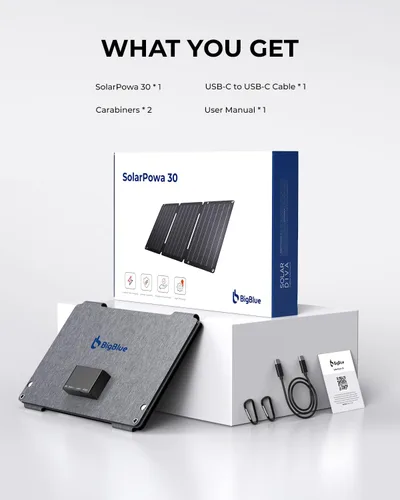 Vista 7 de Cargador de panel solar BigBlue de 30 W [Actualizado] con carga rápida USB-A y USB-C, puertos DC, SolarPowa 30 panel solar portátil, resistente al
