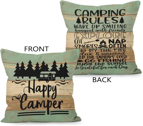 Vista 2 de Funda de almohada reversible con tablero de madera rústica Happy Camper, regalos para mujeres y hombres, funda de almohada con reglas de campamento