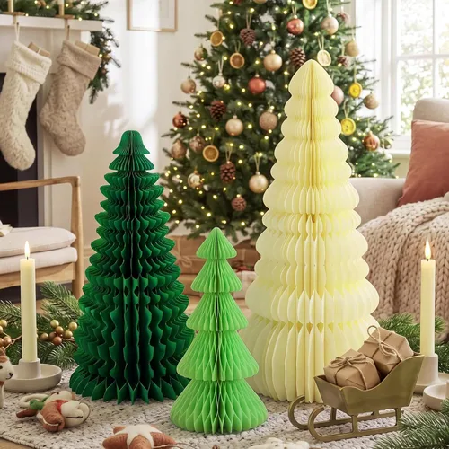 Vista 20 de 3 piezas de árbol de Navidad grande de panal, clásico, beige, verde, marrón