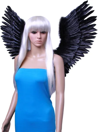 Vista 5 de FashionWings (TM) Disfraz de plumas con forma de V, diseño de alas de ángel para adultos, unisex, color negro, Negro, L, Large wingspan