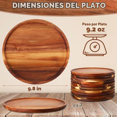 Vista 2 de Rtteri 12 piezas de platos de madera de acacia redondos para cena, vajilla de madera, bandeja de servir, fácil de limpiar, ligera, irrompible, plato
