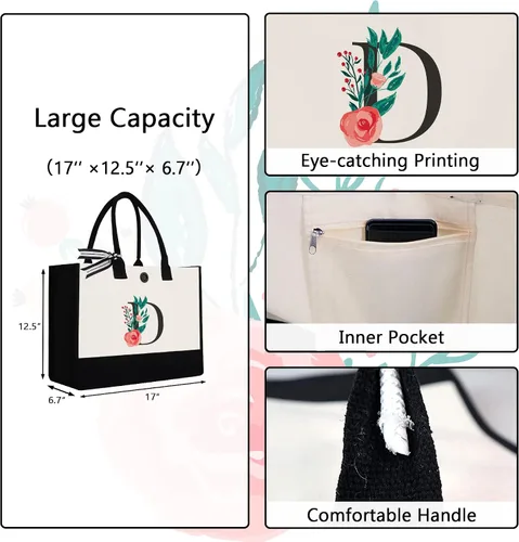 Vista 2 de Bolsa de lona con inicial, regalos de cumpleaños personalizados para mujeres, madres, amigas y profesoras, bolsas de mano con monograma adecuadas