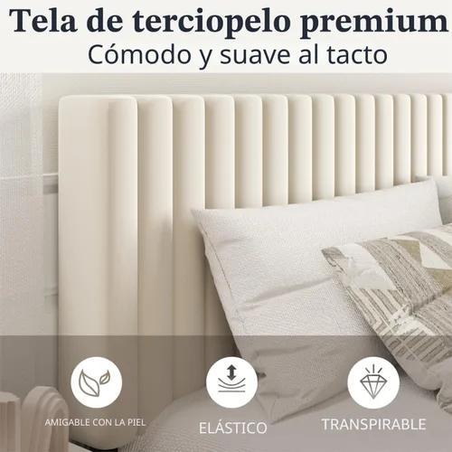 Vista 4 de HAOARA Base de cama de plataforma tamaño Queen con cabecera tapizada de terciopelo, marco de cama Queen con listones de madera fuertes, somier Beige