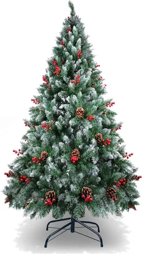 Vista 9 de AGM Árbol de Navidad artificial de 7 pies con soporte de metal plegable, cono de pino y fruta roja, árboles de nieve flocados de 7 pies de alto