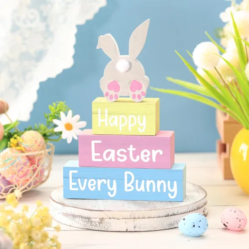 Vista 7 de 4 piezas de decoración de mesa de Pascua con texto en inglés «Happy Easter Every Bunny», letrero de madera de conejito pastel, bloques de madera
