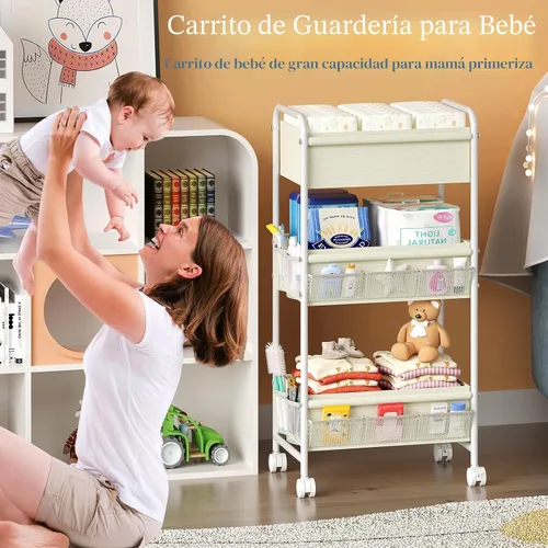 Vista 3 de Carrito organizador de pañales de 3 niveles para bebé, carritos de almacenamiento móviles con ruedas, con 2 divisores y 14 bolsillos de malla