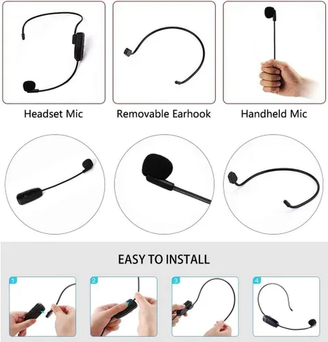 Vista 3 de Auriculares de micrófono inalámbrico, transmisor UHF recargable y sistema de micrófonos receptores, micrófono 2 en 1 para amplificador de voz