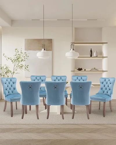 Vista 51 de Juego de 2 sillas de comedor de terciopelo con patas de madera, color beige Mid Century Modern Dining Chairs,Upholstered Chairs with Nailhead