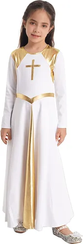 Vista 3 de CHICTRY Vestido de baile de alabanza litúrgica metálico para niños y niñas, manga larga, bloque de color, disfraz de adoración lírica, ropa de baile