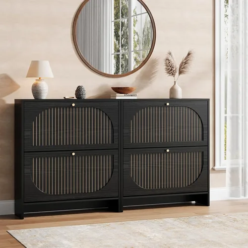 Vista 8 de Nicetree Arch-Chic - Armario de zapatos para entrada, moderno gabinete de almacenamiento de zapatos de mediados de siglo con estriado y estrecho