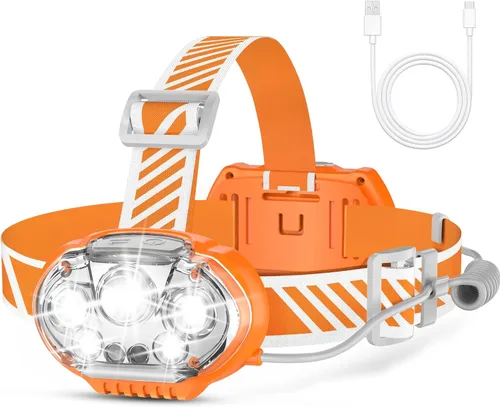 Vista 7 de MIOISY Linterna frontal recargable, lámpara de cabeza ultra brillante de 5 LED con luz roja y blanca, linterna impermeable IPX4, linterna de cabeza