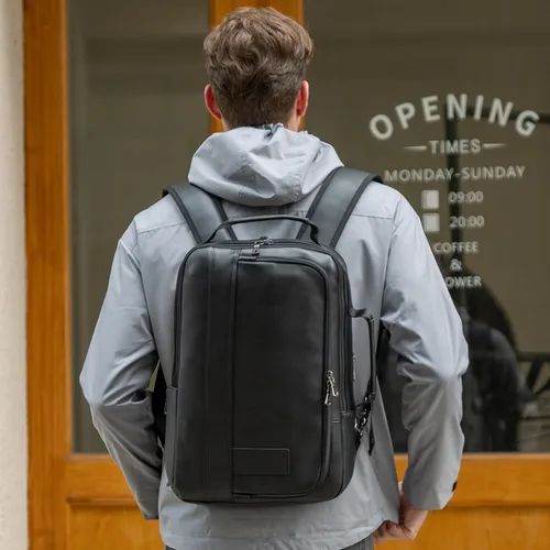 Vista 7 de Masa Kawa Mochila para portátil de cuero delgado de 15.6 pulgadas para hombre, maletín convertible, mochilas expandibles, color negro, bolsa