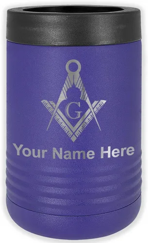 Vista 14 de LaserGram Aislador personalizado de latas y botellas de acero inoxidable, símbolo masón, mantiene las bebidas frías durante más tiempo (negro)