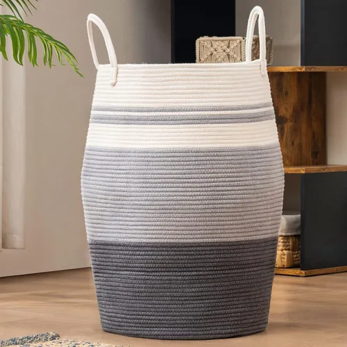 Vista 10 de Cesta de lavandería de cuerda de algodón YOUDENOVA, 105 l - Cesta de lavandería tejida plegable - Cesta de almacenamiento de ropa para cobijas