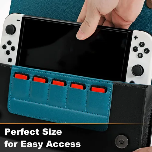 Vista 4 de FUNLAB Funda para interruptor compatible con Nintendo Switch y Switch OLED bonito embrague de viaje de cuero con soporte para juegos color azul
