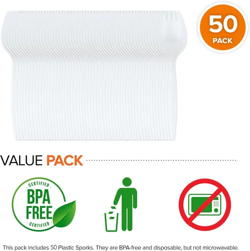 Vista 2 de Sporks desechables (paquete de 50) tenedores de plástico blanco, sin BPA, seguros para niños, utensilios 2 en 1, cuchara de tenedor de peso pesado