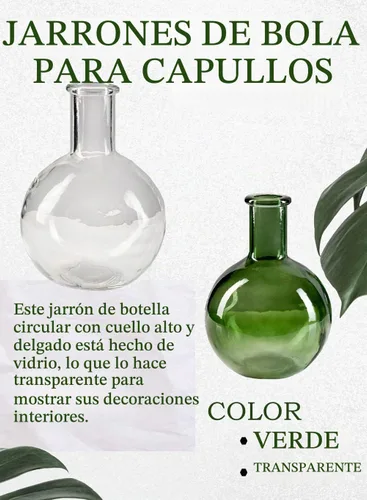 Vista 6 de Serene Spaces Living Juego de 2 jarrones redondos de cristal con cuello de botella verde, florero vintage para mesa de consola, estante, sala