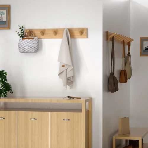 Vista 2 de SKOLOO Perchero de Pared de Bambú Montado en la Pared, 16 Pulgadas de Agujero a Agujero, 5 Clavos de Bambú para Pared para Colgar Ropas, Batas