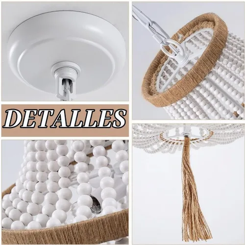 Vista 6 de candelabro rústico de 4 luces con cuentas de madera y borlas estilo Bohemia, luz colgante rústica antigua para dormitorio, isla de cocina, comedor