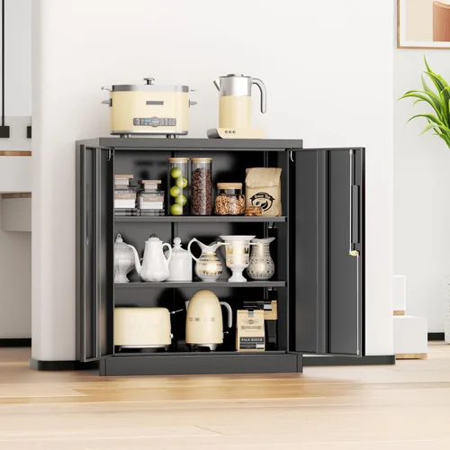 Vista 8 de INTERGREAT Gabinete de almacenamiento de metal con puertas con cerradura, gabinetes de almacenamiento de acero con cerradura con 2 puertas y Negro