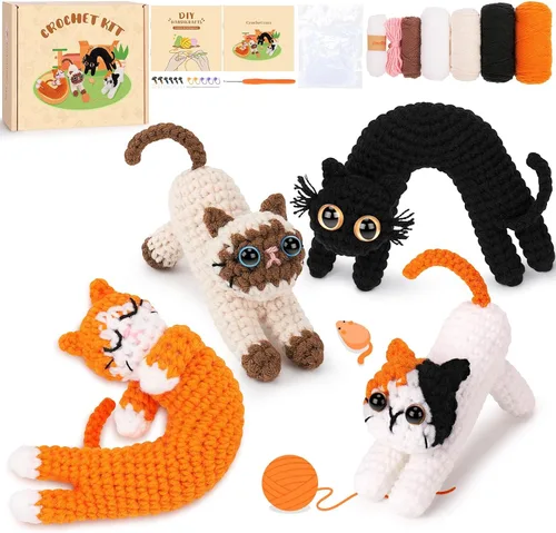 Vista 9 de Fortuning's JDS Kit de ganchillo para principiantes, paquete de 4 divertidos kits de ganchillo para gatos, kit de ganchillo para principiantes