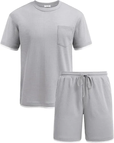 Vista 23 de COOFANDY Conjunto de camisa y pantalones cortos de gofre para hombre, conjunto de 2 piezas, conjunto casual de verano con bolsillos