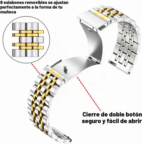 Vista 3 de 18mm 20mm 22mm Quick Release Metal Watch Band for Garmin Samsung Amazfit Dorado plata