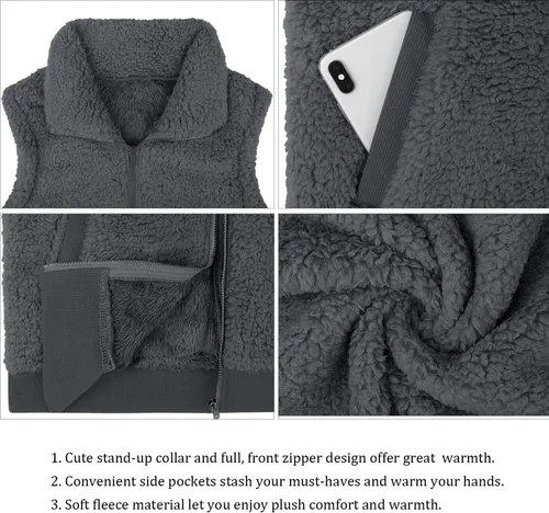 Vista 5 de LOMON Chaleco de forro polar mullido para mujer, casual, cálido, sin mangas, con cremallera, con bolsillos, para otoñoinvierno