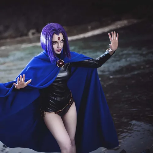 Vista 5 de Disfraz de cosplay de TeenTitans-Raven, overol de lujo con cinturón con capa morada, uniforme de Halloween, disfraz de cosplay para mujer