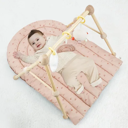 Vista 6 de Tapete de madera 4 en 1 para gimnasio y actividades para bebés, tapete de algodón suave para bebés de 0 años, con 3 juguetes desmontables