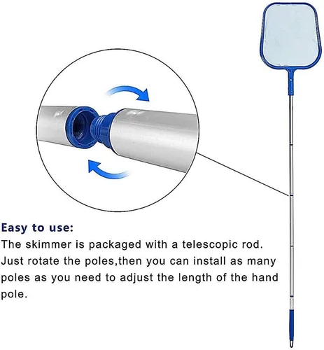 Vista 3 de Red de desnatador de hojas para piscina, poste multisegmento de 60 pulgadas (5 conectores de acero inoxidable), ligera, fácil de usar, bolsa