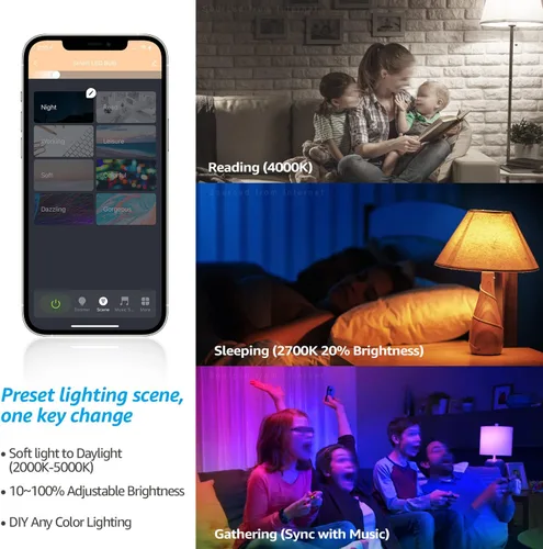 Vista 6 de TORCHSTAR Bombilla LED A19 inteligente WiFi, cambio de color RGBCW, compatible con Alexa y Google Home y Echo Assistant, 10% -100% regulable