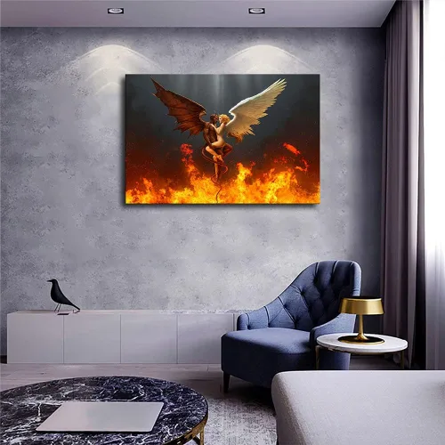 Vista 5 de Leotear Lienzo de arte con alas de ángel y diablo y ángel con plumas blancas y negras, arte de pared, póster impreso en alta definición sobre