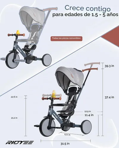 Vista 7 de RIDYEE Triciclo 8 en 1 para 1.5-5 años, interruptor sin herramientas, triciclo para niños pequeños con mango de control de dirección para padres